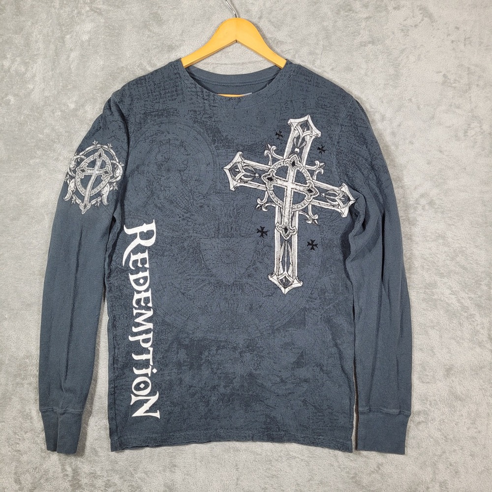 Raw State Thermal Shirt Men Large Gray Redemption Gothic Cross Wings Waffle Knit